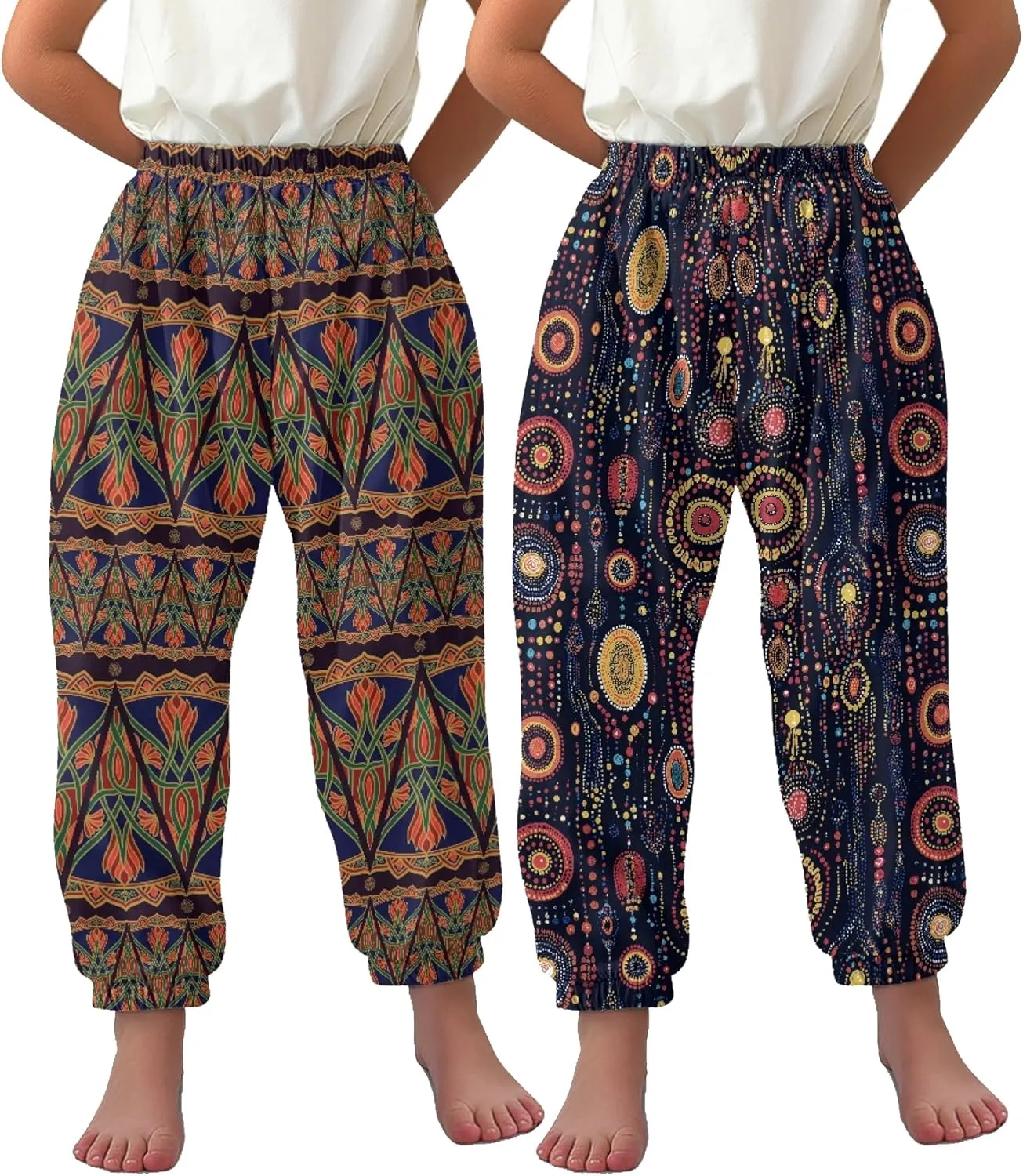 2 Pack Kids Harem Bloomers Pants Elastic Waist Bohemian Style Casual Baggy Ankle Trousers for Boys and Girls
