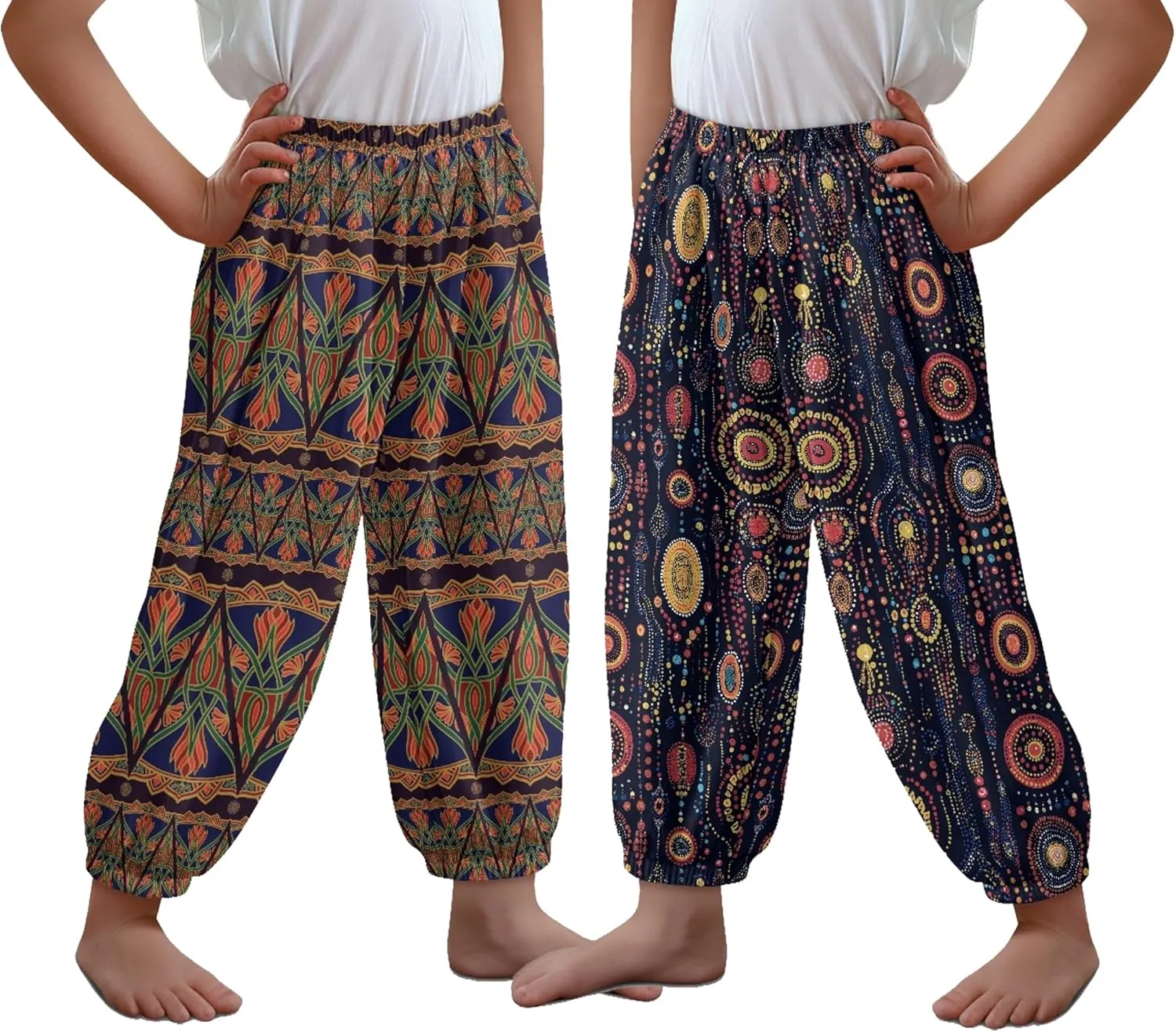 2 Pack Kids Harem Bloomers Pants Elastic Waist Bohemian Style Casual Baggy Ankle Trousers for Boys and Girls