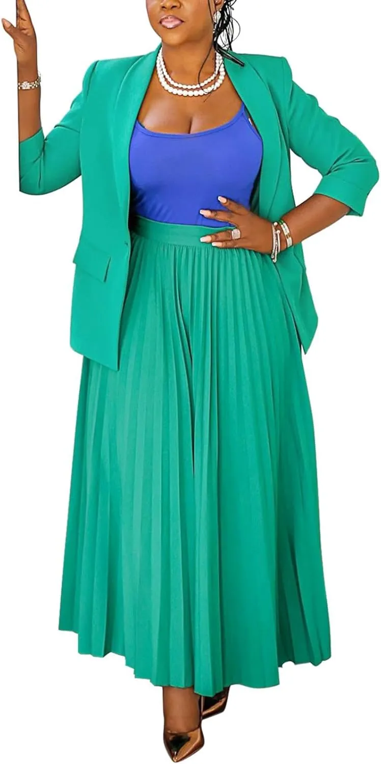 2 Piece Skirt Set for Women Plus Size Business Casual Long Sleeve Suit Blazer Maxi Skirt Sets