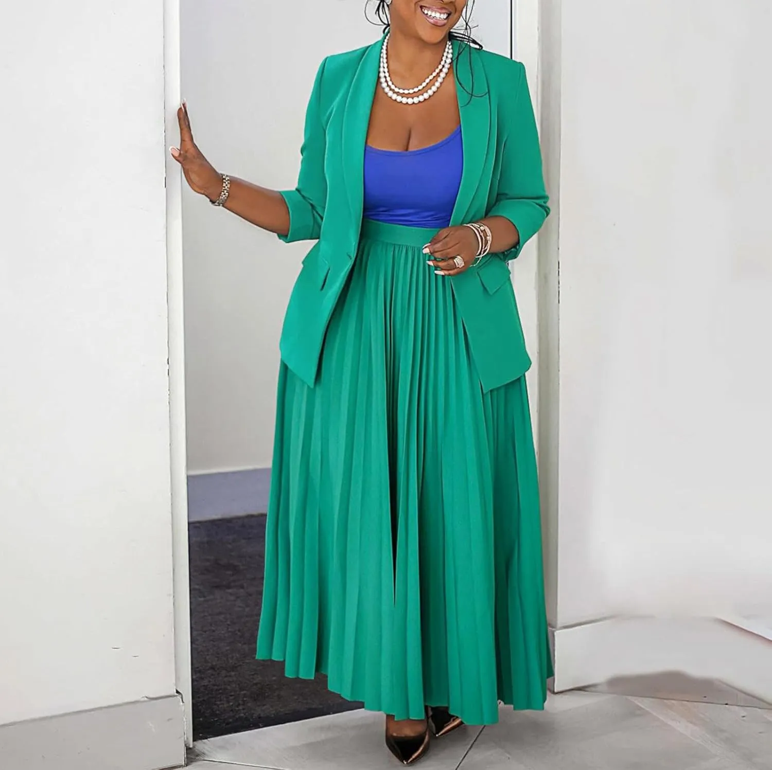 2 Piece Skirt Set for Women Plus Size Business Casual Long Sleeve Suit Blazer Maxi Skirt Sets