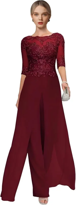 2 Pieces Mother of The Bride Pant Suits for Wedding Lace Chiffon Pantsuit for Women Dressy Casual