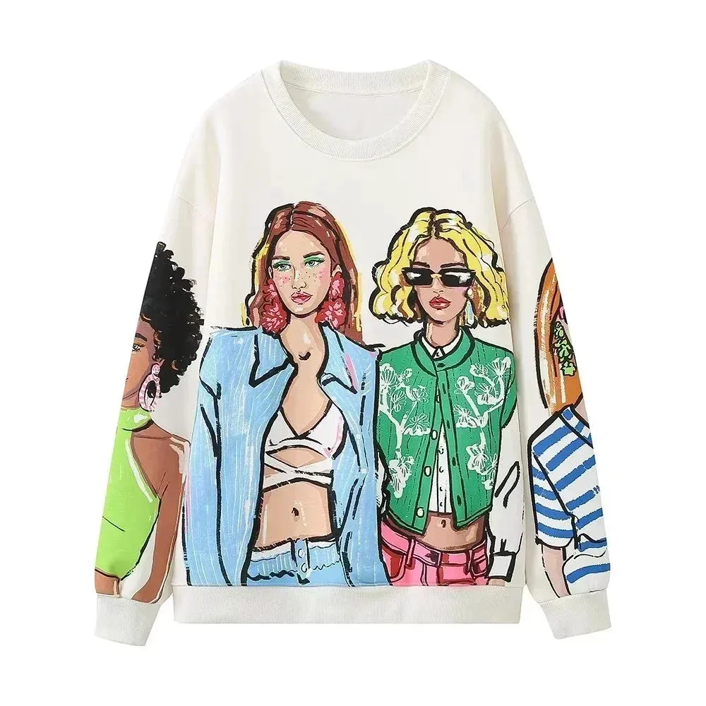 2024 New Fashion Women's Sweatshirts - Beauty Girls Print Casual O-Neck Hoodies & Chic Pullovers