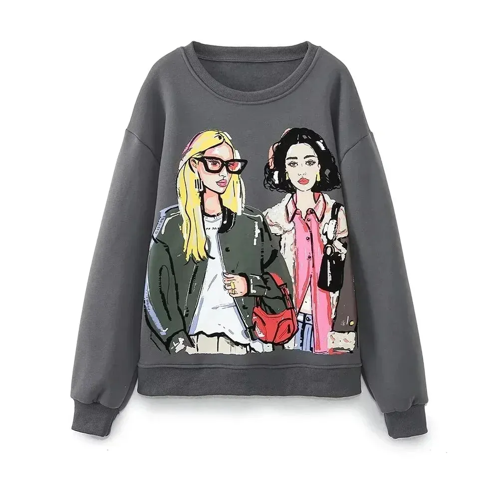 2024 New Fashion Women's Sweatshirts - Beauty Girls Print Casual O-Neck Hoodies & Chic Pullovers