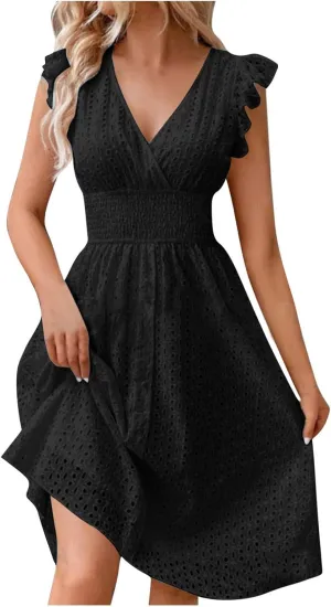 2025 Summer Dresses Women's Eyelet Lace Embroidered Smocked Waist Flutter Sleeve A Line Midi Dress Beach Sundress