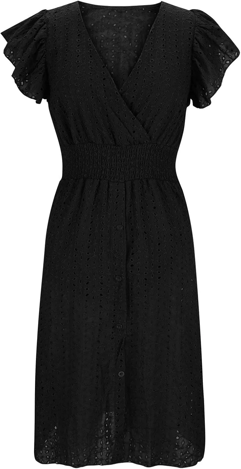 2025 Summer Dresses Women's Eyelet Lace Embroidered Smocked Waist Flutter Sleeve A Line Midi Dress Beach Sundress