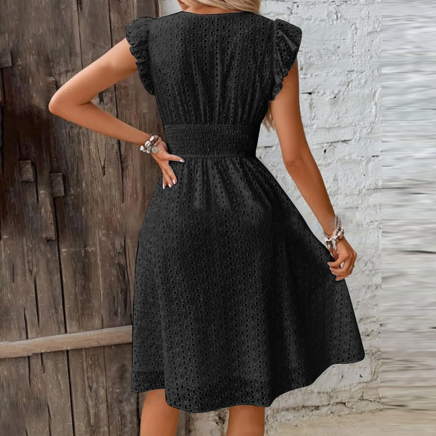 2025 Summer Dresses Women's Eyelet Lace Embroidered Smocked Waist Flutter Sleeve A Line Midi Dress Beach Sundress