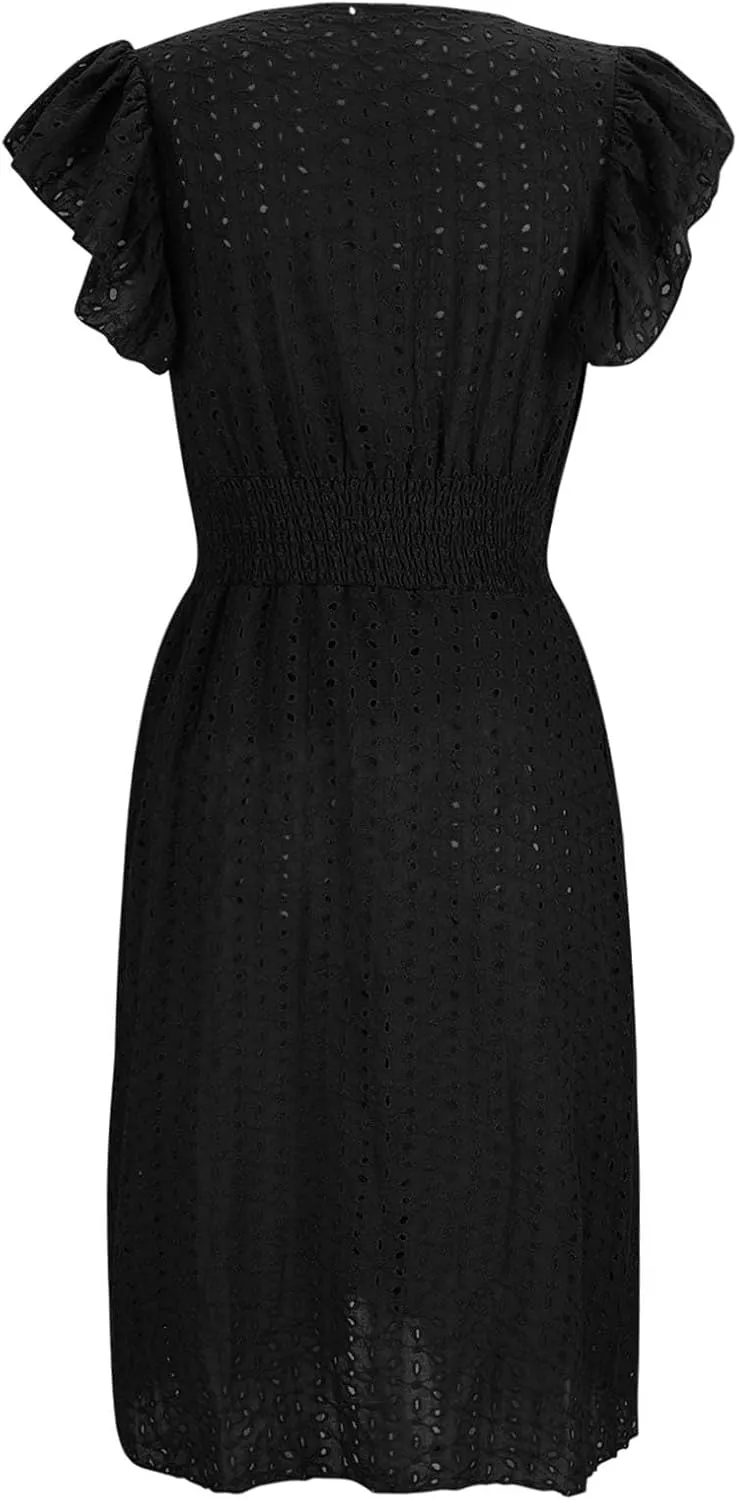 2025 Summer Dresses Women's Eyelet Lace Embroidered Smocked Waist Flutter Sleeve A Line Midi Dress Beach Sundress