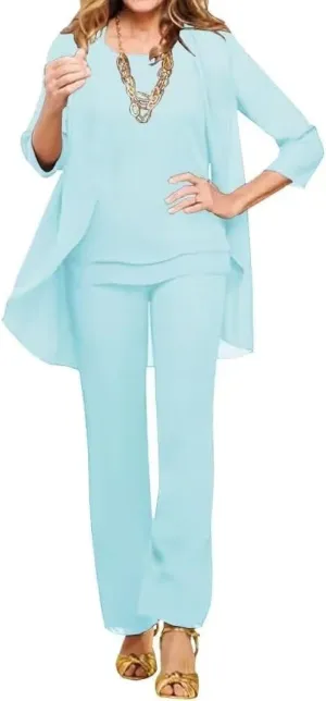 3 Pieces Mother of The Bride Pant Suits for Wedding Chiffon Formal Outfits Wedding Pantsuits for Women Evening Party
