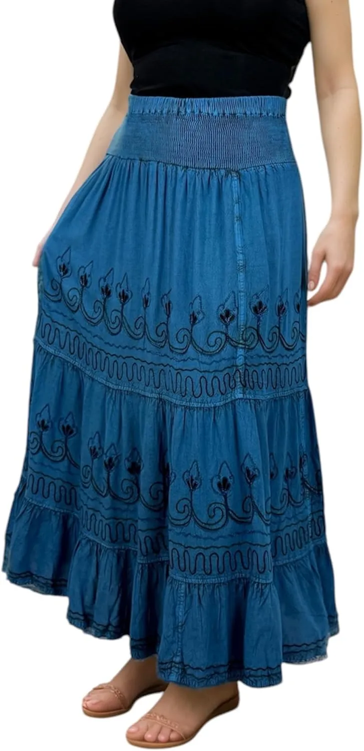 Agan Traders Women's 2025 Summer Peasant High Elastic Waistband Flared Gypsy Long Embroidered Maxi Skirt