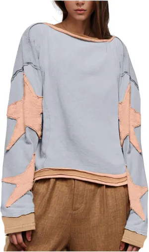 Akklian Oversized Star Graphic Sweatshirt for Women Y2k Long Sleeve Drop Shoulder Crewneck Harajuku Pullover Vintage Shirt