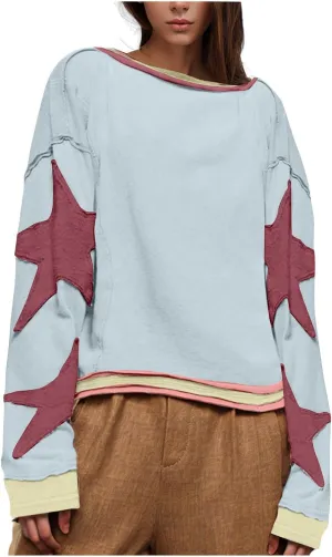 Akklian Oversized Star Graphic Sweatshirt for Women Y2k Long Sleeve Drop Shoulder Crewneck Harajuku Pullover Vintage Shirt