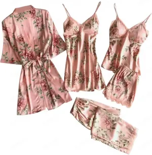 Akklian Sexy Pajama Set for Women 5 Piece Satin Lace Trim Silk Pjs Lounge Sets Sleepwear Cami Robes Nightgowns Shorts Pants
