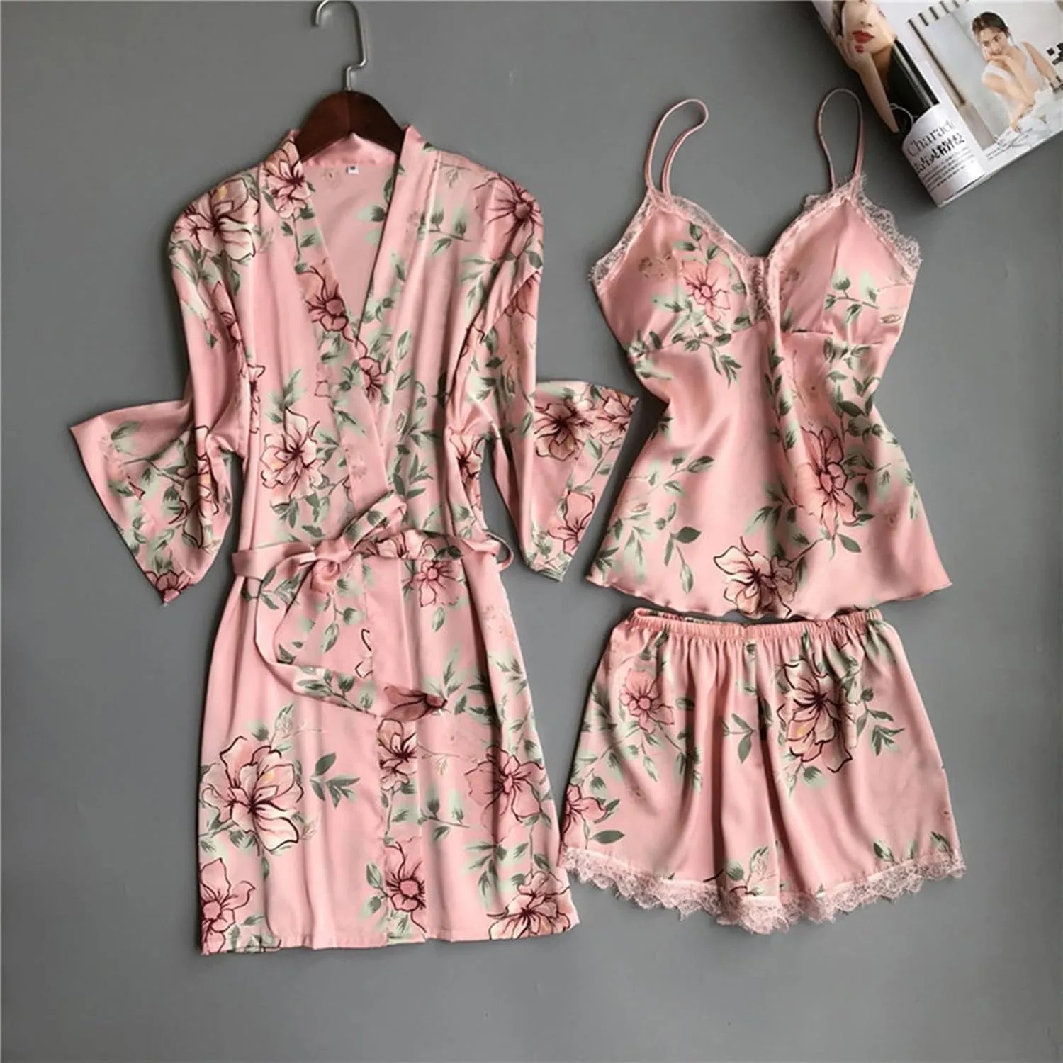 Akklian Sexy Pajama Set for Women 5 Piece Satin Lace Trim Silk Pjs Lounge Sets Sleepwear Cami Robes Nightgowns Shorts Pants