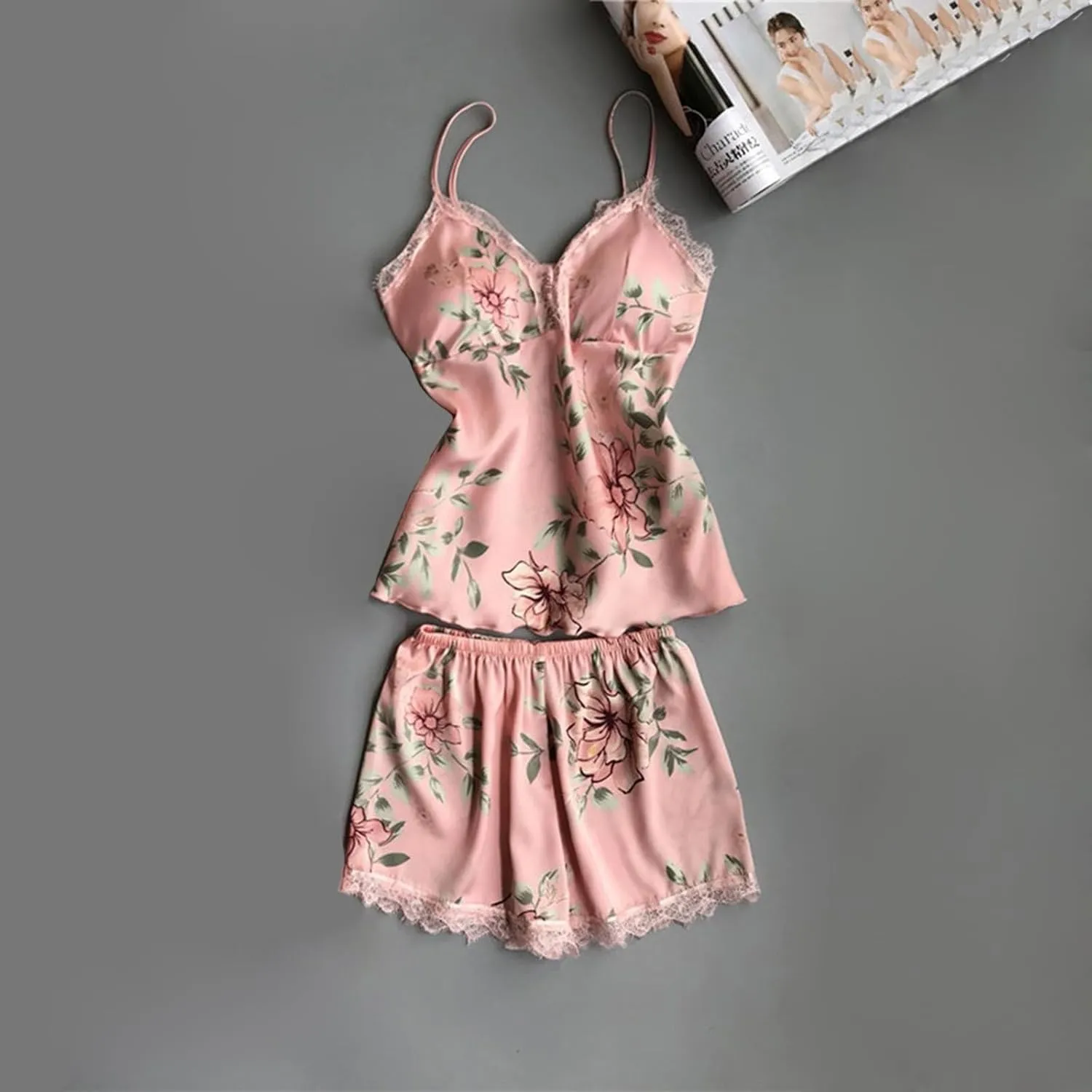 Akklian Sexy Pajama Set for Women 5 Piece Satin Lace Trim Silk Pjs Lounge Sets Sleepwear Cami Robes Nightgowns Shorts Pants