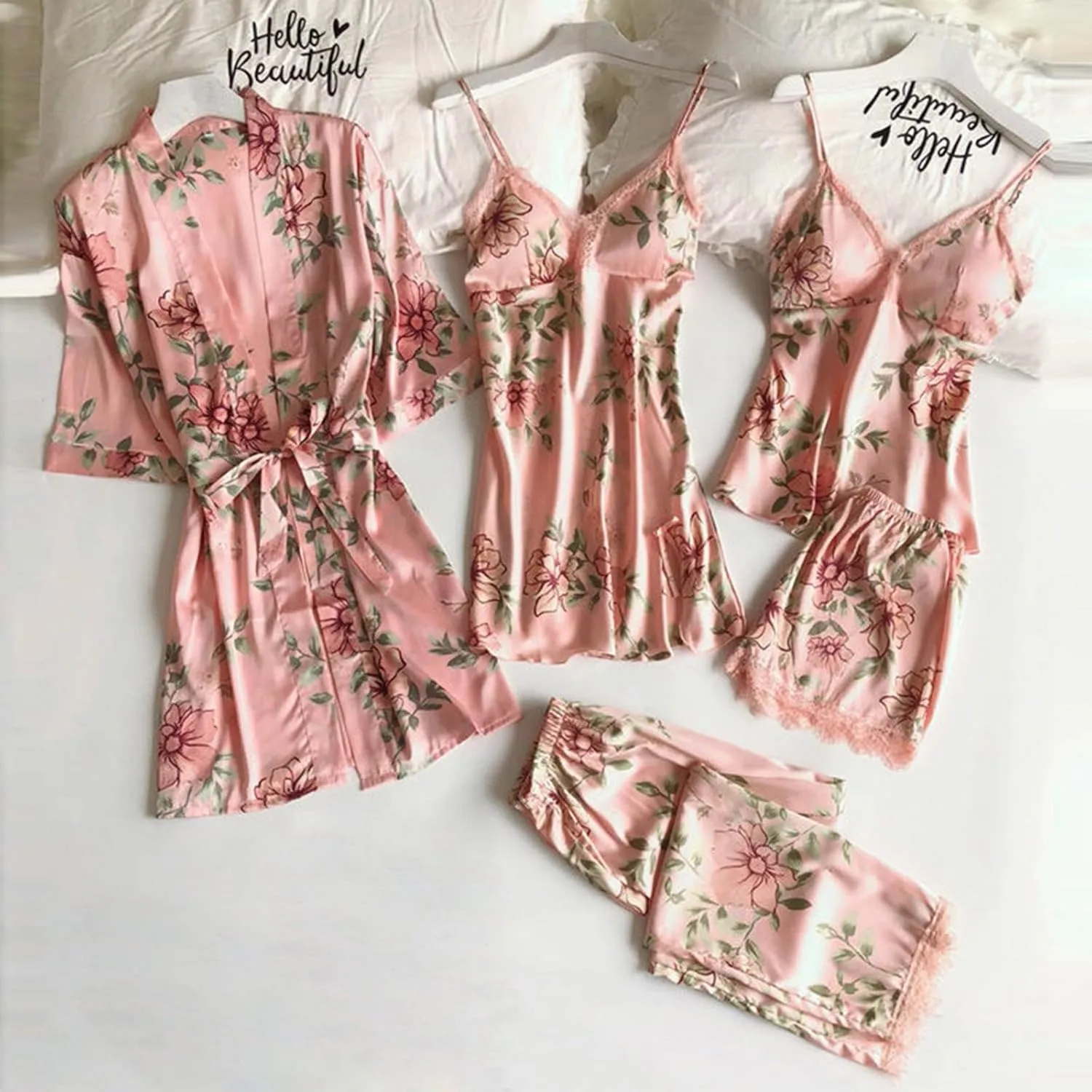 Akklian Sexy Pajama Set for Women 5 Piece Satin Lace Trim Silk Pjs Lounge Sets Sleepwear Cami Robes Nightgowns Shorts Pants
