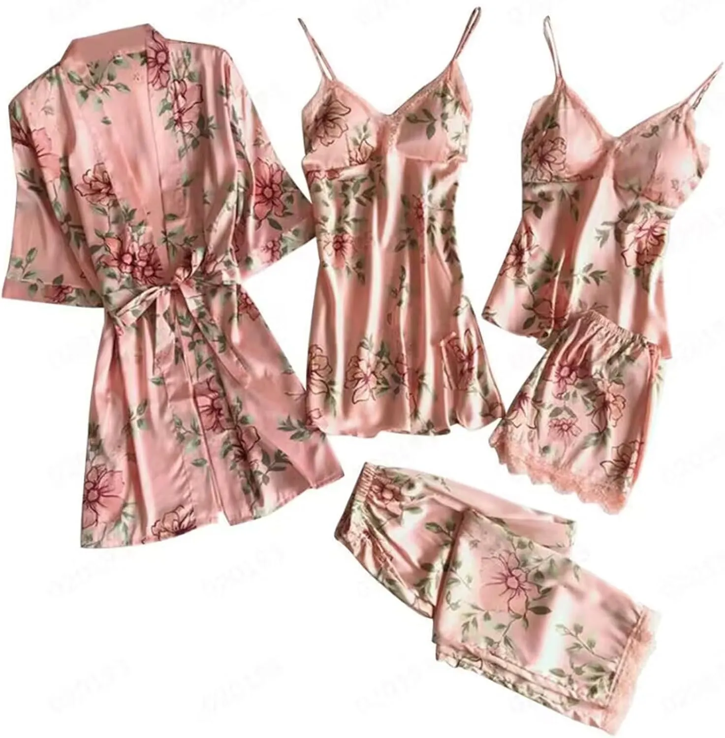 Akklian Sexy Pajama Set for Women 5 Piece Satin Lace Trim Silk Pjs Lounge Sets Sleepwear Cami Robes Nightgowns Shorts Pants