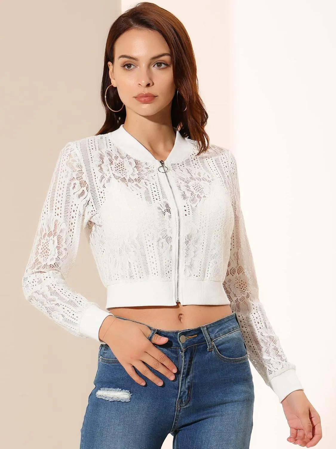 Allegra K Women's Crop Jacket Stand Collar Zip Up Sexy Sheer Gothic Lace Lightweight Baseball Jacket