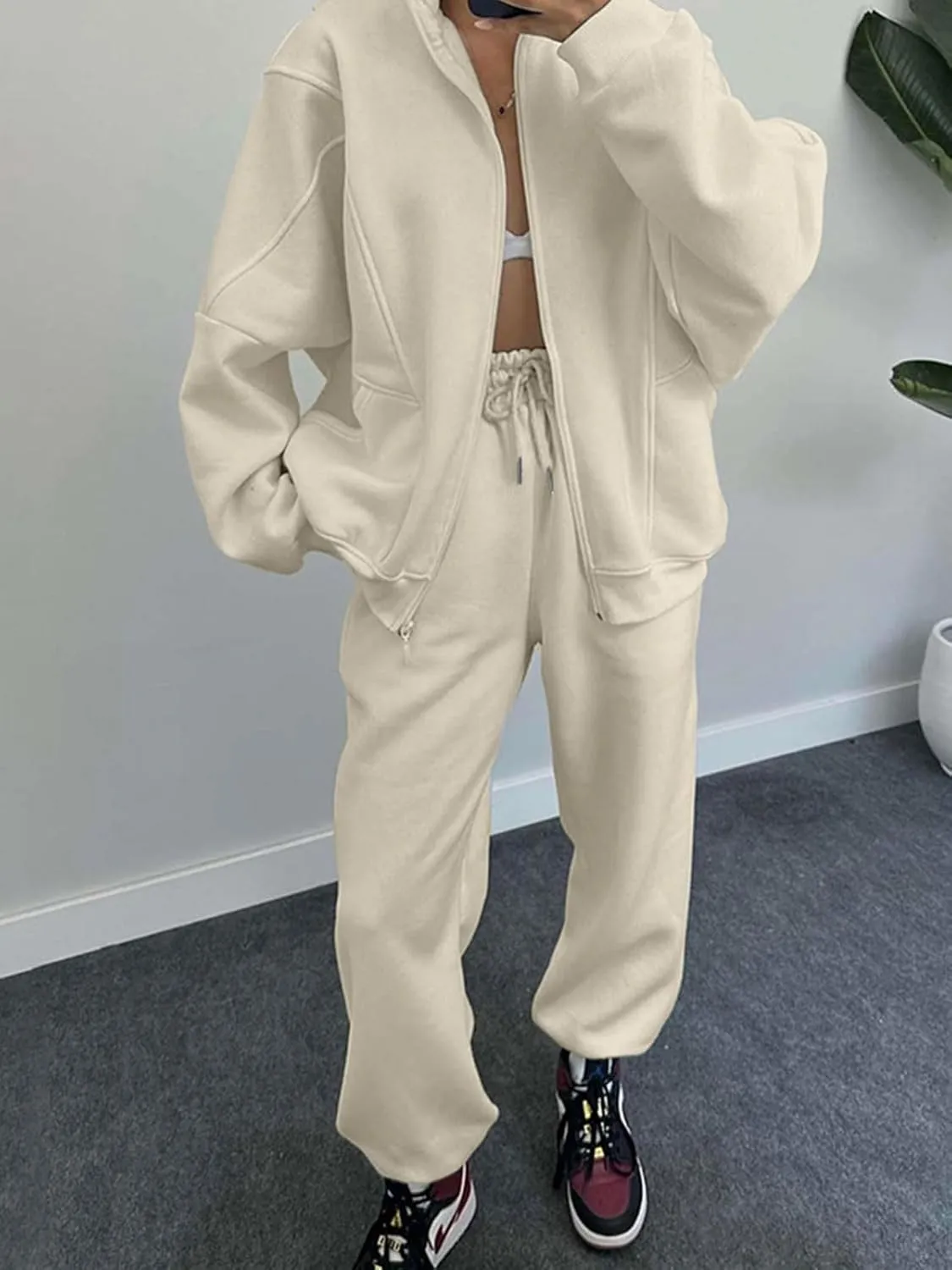 Alunzoem Sweatsuits for Women Set 2 Piece Outfits Long Sleeve Zip Up Jacket Oversized Sweatshirt Jogger Sweatpants Tracksuit