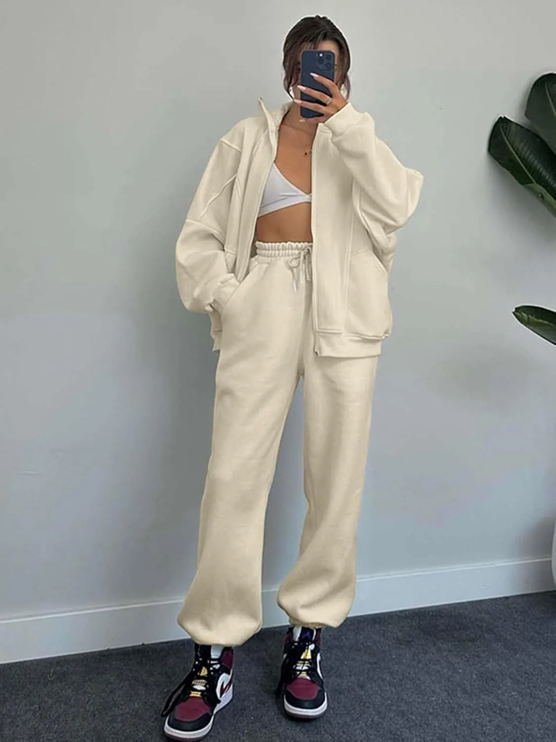 Alunzoem Sweatsuits for Women Set 2 Piece Outfits Long Sleeve Zip Up Jacket Oversized Sweatshirt Jogger Sweatpants Tracksuit