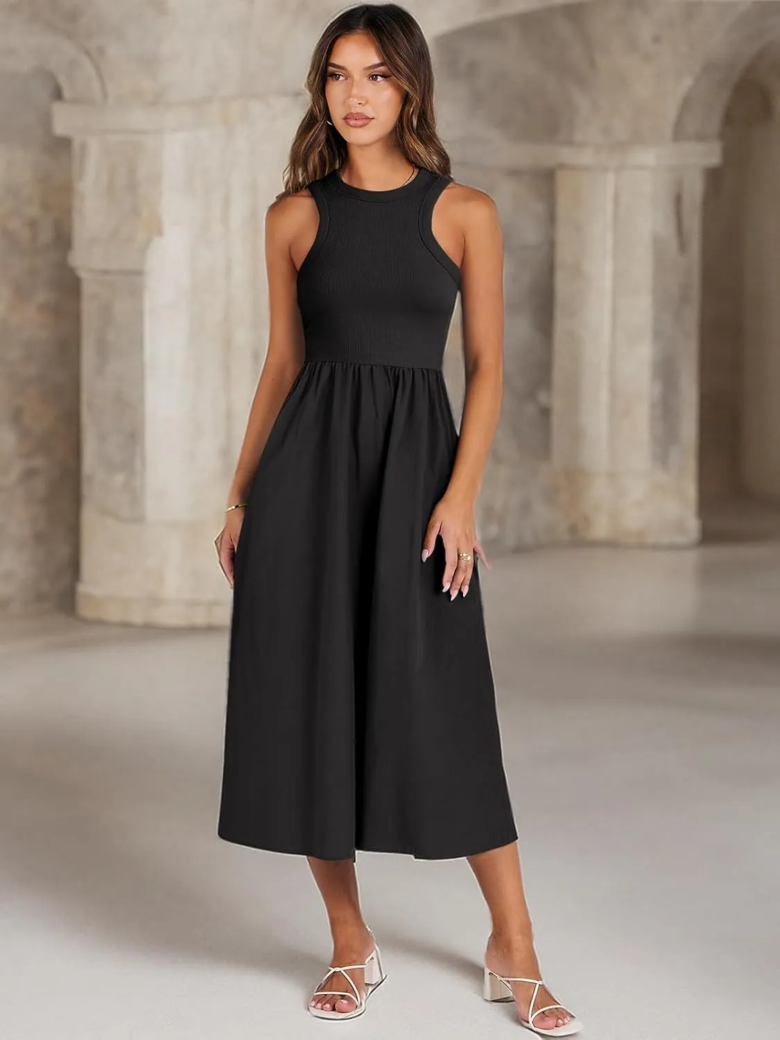 ANRABESS Womens 2025 Summer Casual Maxi Dress A line Tiered Flowy Short Sleeve Crewneck T Shirt Beach Travel Long Dresses