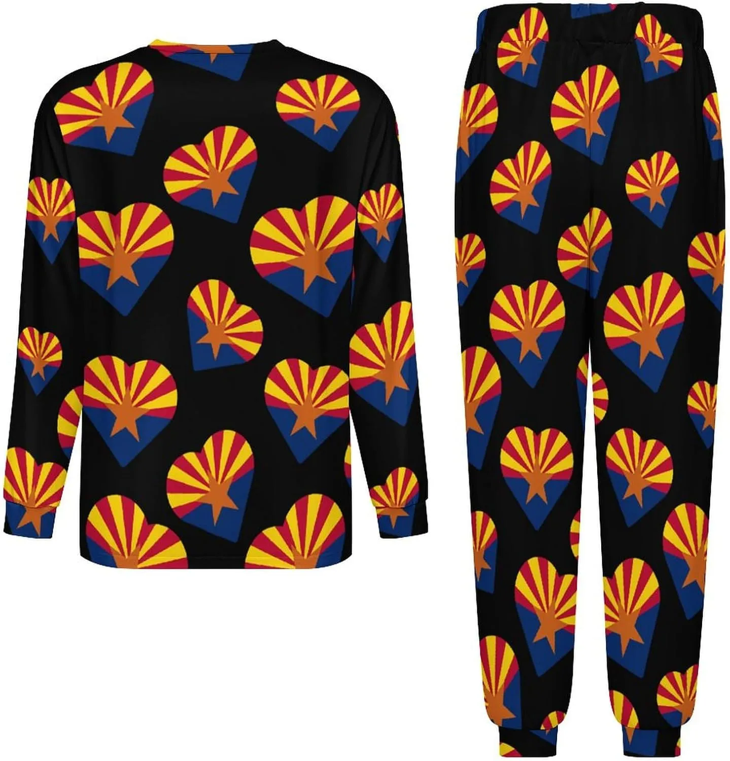 Arizona Flag Heart Men's Crew Neck Pajama 2 Piece Set Long Sleeve Loungewear Top and Bottom
