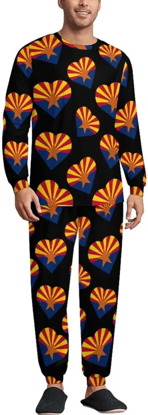 Arizona Flag Heart Men's Crew Neck Pajama 2 Piece Set Long Sleeve Loungewear Top and Bottom