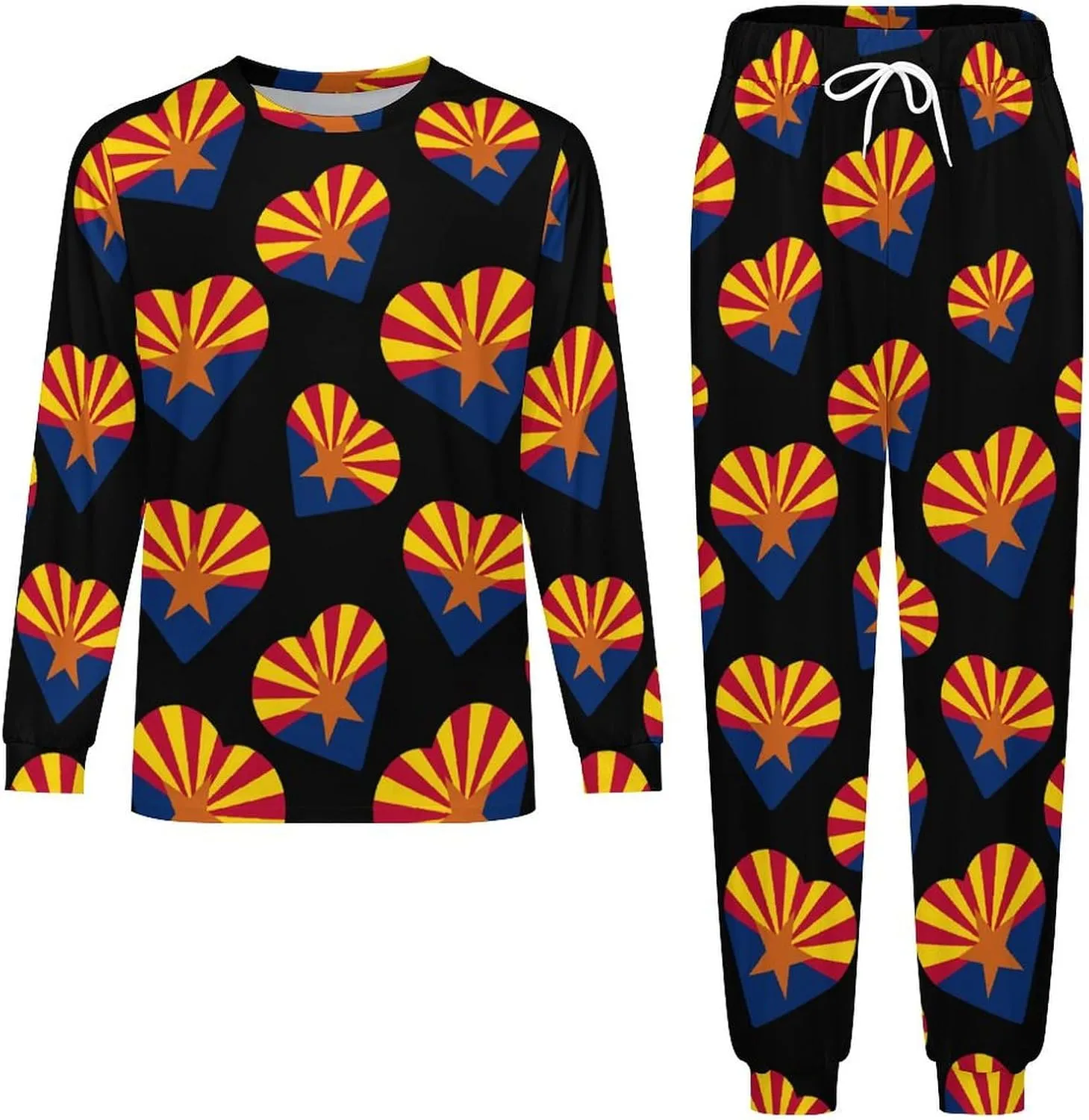 Arizona Flag Heart Men's Crew Neck Pajama 2 Piece Set Long Sleeve Loungewear Top and Bottom