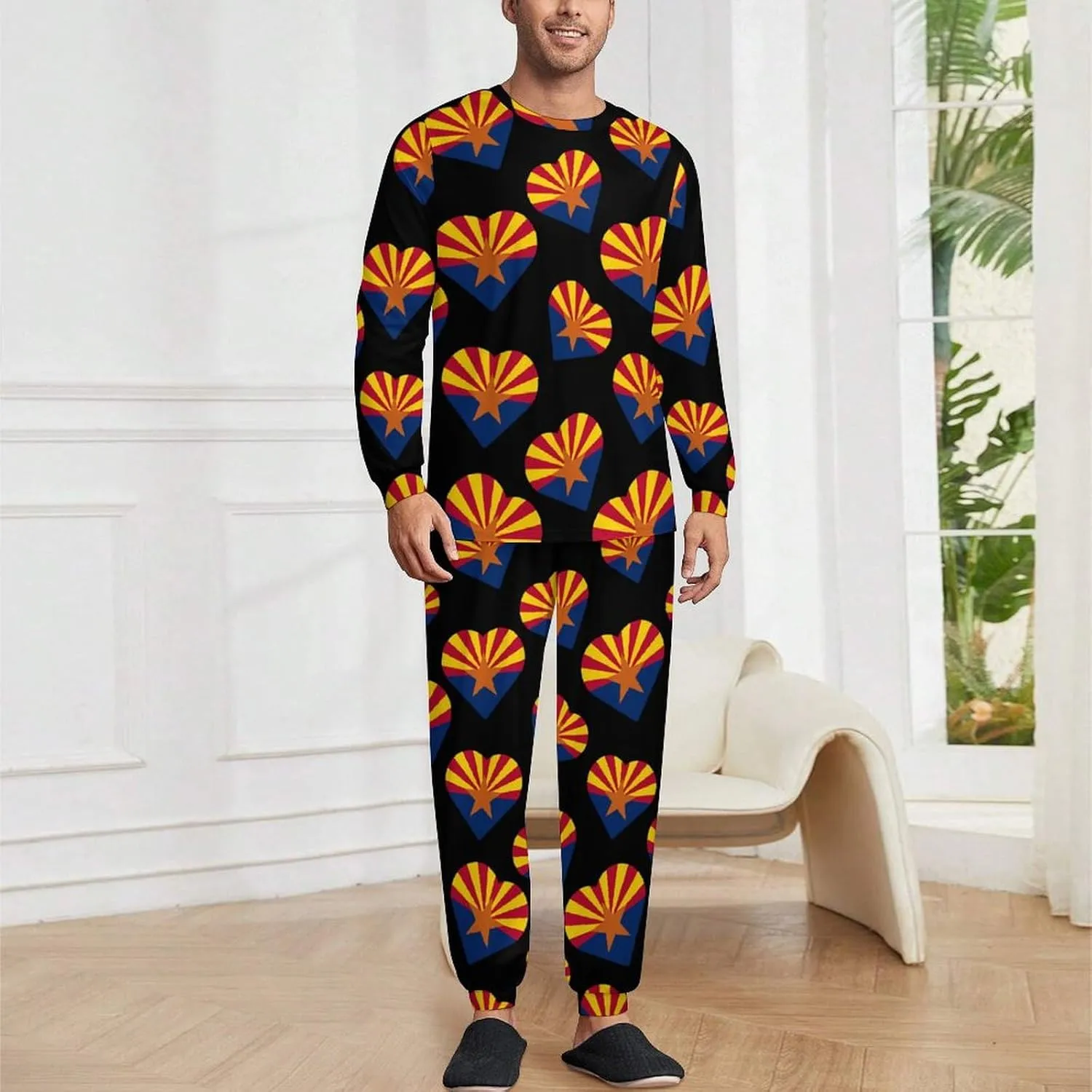 Arizona Flag Heart Men's Crew Neck Pajama 2 Piece Set Long Sleeve Loungewear Top and Bottom