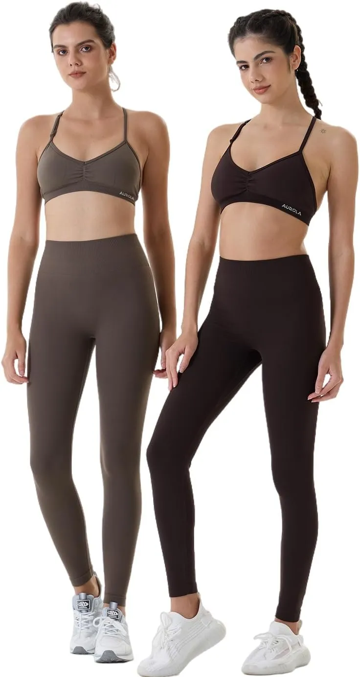AUROLA Power Workout Leggings for Women Tummy Control Squat Proof Ribbed Thick Seamless Scrunch Active Pants