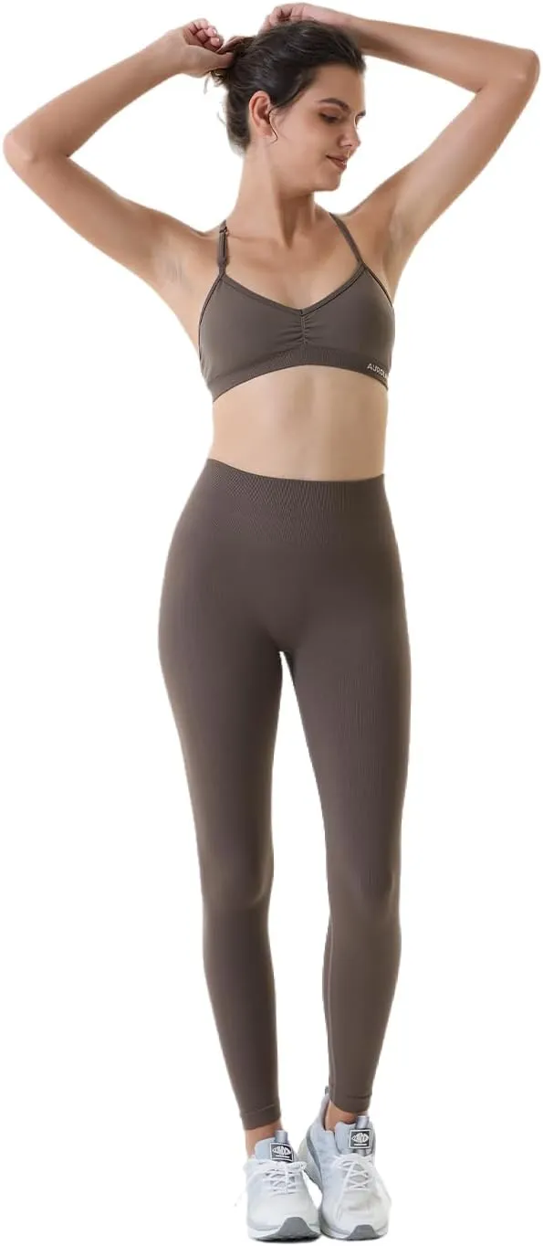 AUROLA Power Workout Leggings for Women Tummy Control Squat Proof Ribbed Thick Seamless Scrunch Active Pants