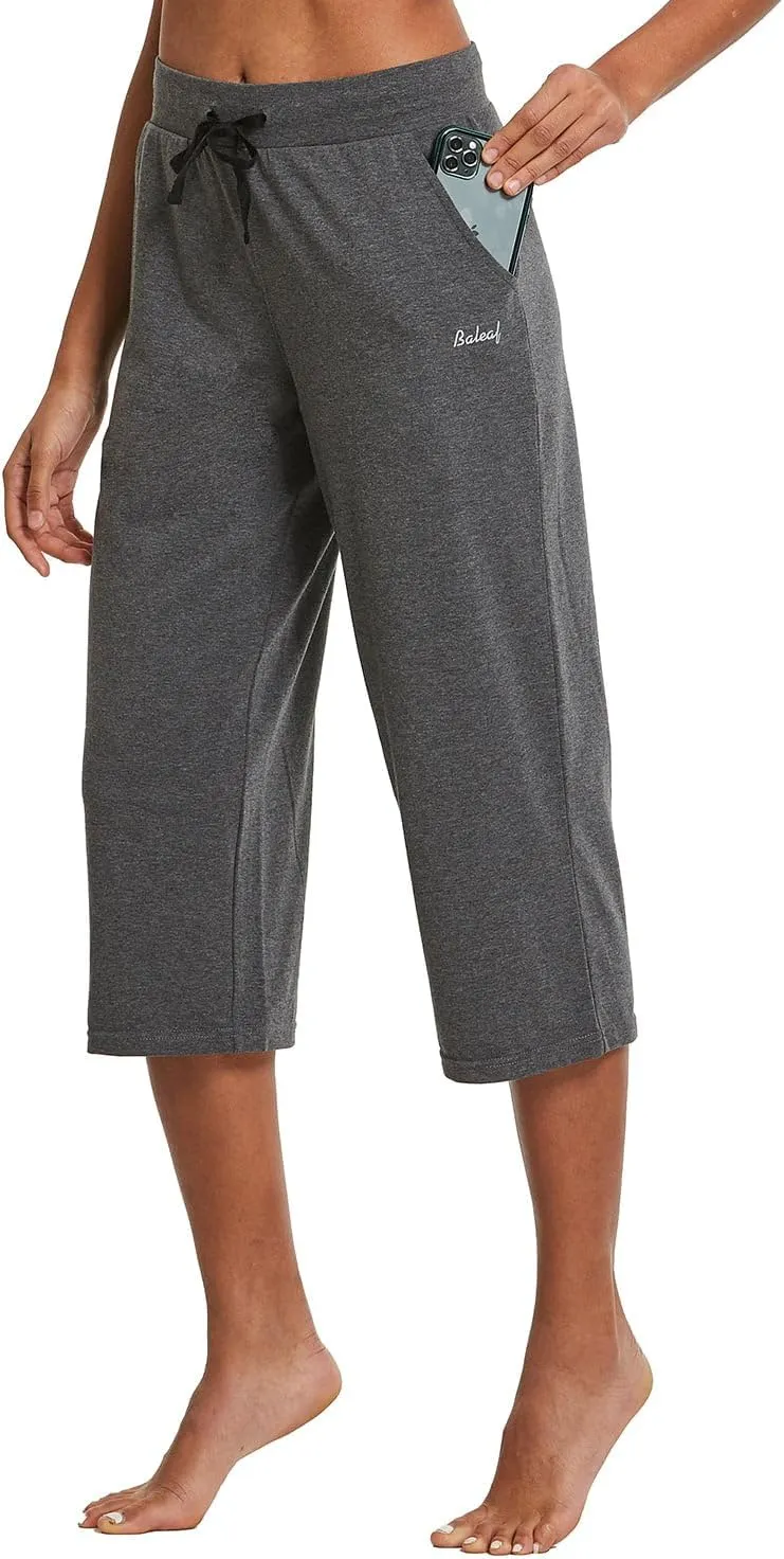 baleaf Women's Capris Yoga Cotton Wide Leg Casual Summer Capri Sweatpants Loose Lounge Workout Crop Pants Pockets