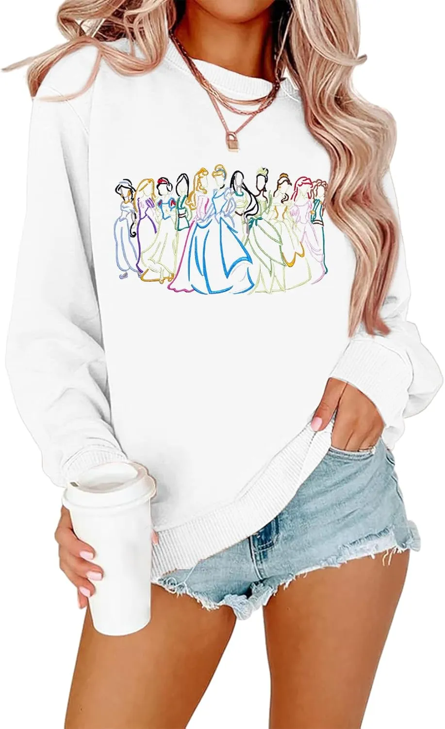 BANGELY Magical Sweatshirt Women Cute Embroidered Magic Princess Sweater Family Vacation Shirt Casual Long Sleeve Top