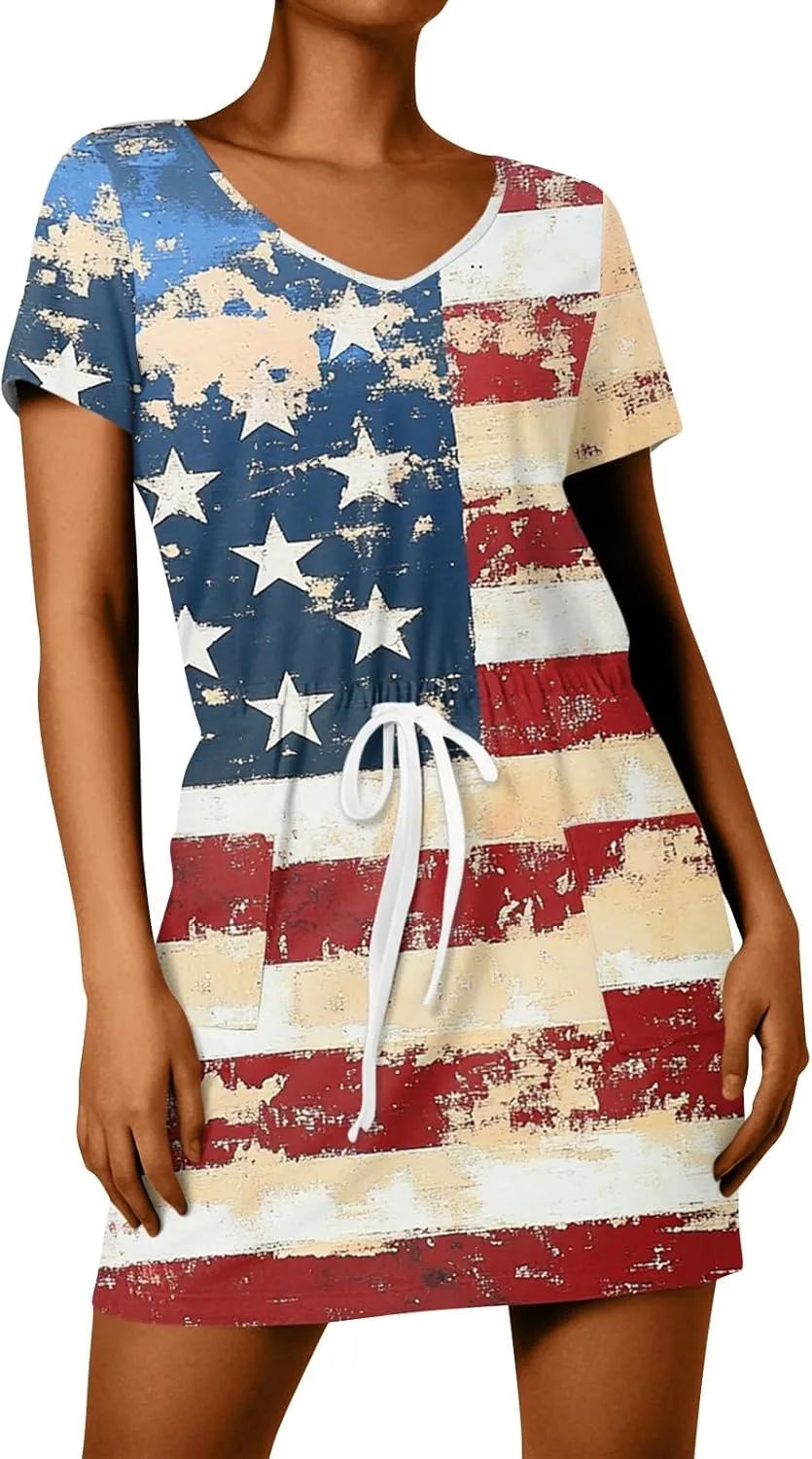 BAXLIMEK 4Th of July Dress Women,2025 Summer Trendy American Flag Mini Dress Casual V Neck Short Sleeve T Shirt Sundress
