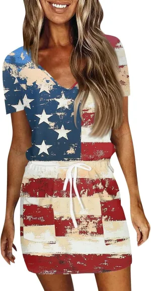 BAXLIMEK 4Th of July Dress Women,2025 Summer Trendy American Flag Mini Dress Casual V Neck Short Sleeve T Shirt Sundress