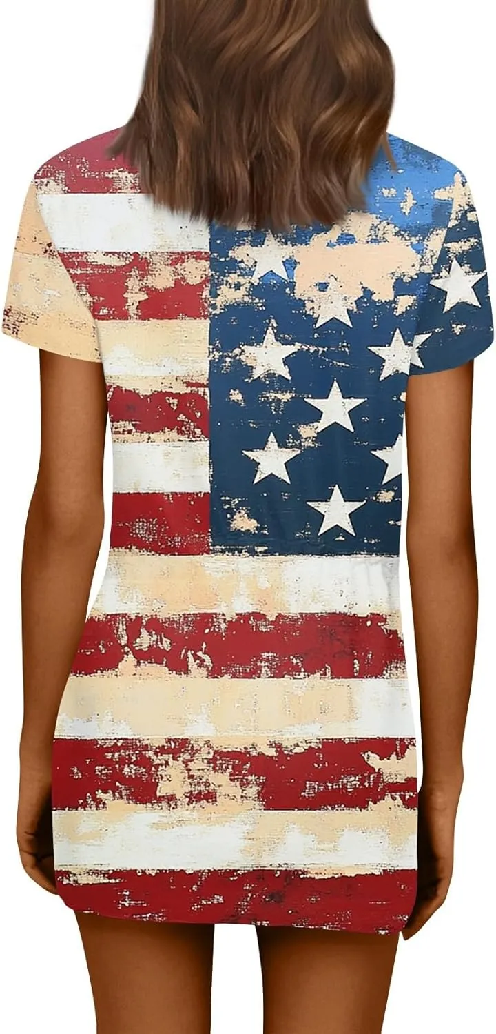 BAXLIMEK 4Th of July Dress Women,2025 Summer Trendy American Flag Mini Dress Casual V Neck Short Sleeve T Shirt Sundress