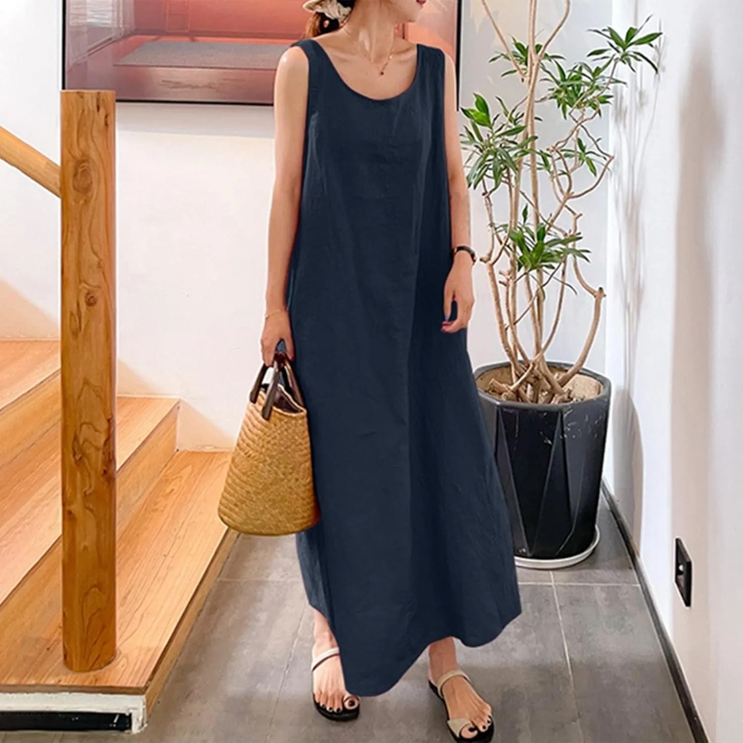 BAXLIMEK Maxi Dresses for Women,2023 Spring Summer Trendy Plain Cotton Linen Dress,Casual Boho Plus Size Beach Dress