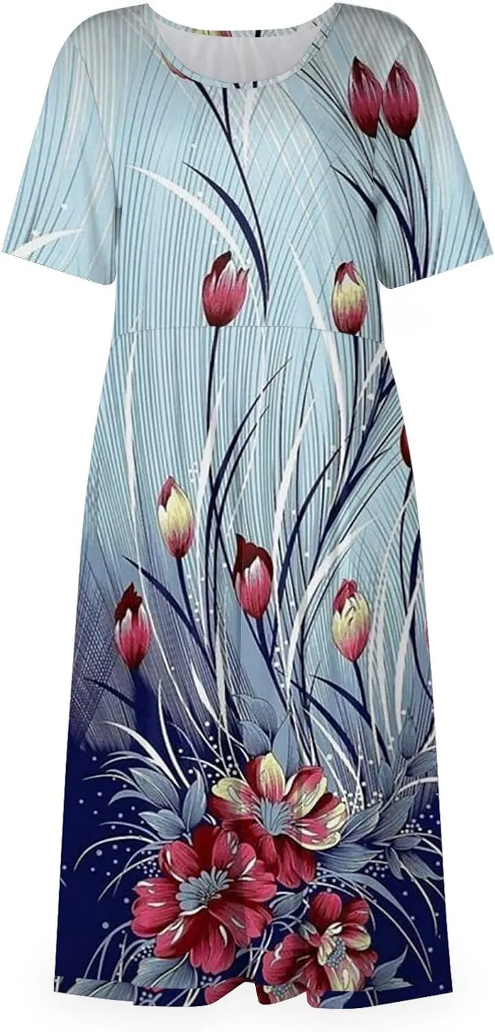 Beach Dresses for Women 2024 Summer Plus Size Short Sleeve Basic Dresses Print O Neck Flowy Dress with Pockets