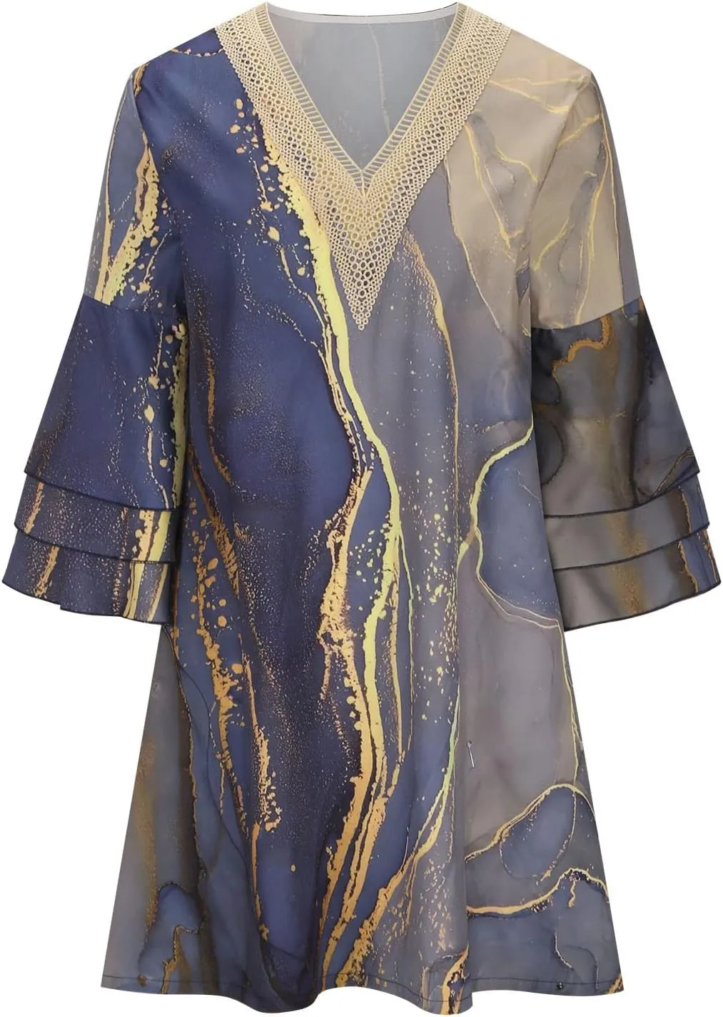 Beach Dresses for Women Summer Casual Bell Sleeve Boho Dress V Neck Lace Mini Dress Fashion Graphic Printed Midi Dress