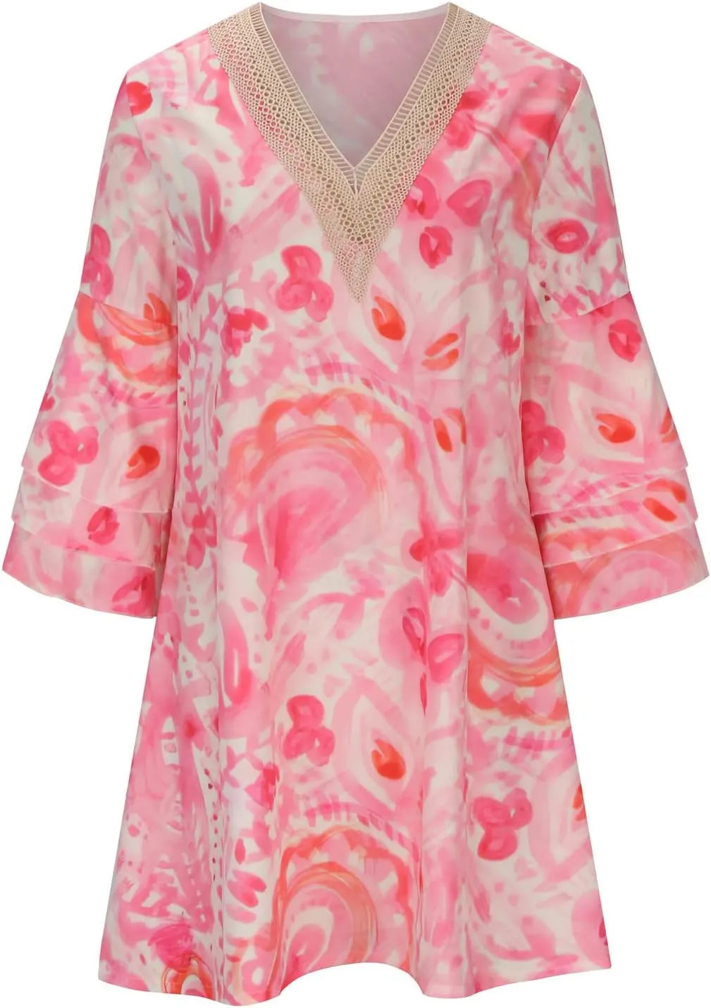 Beach Dresses for Women Summer Casual Bell Sleeve Boho Dress V Neck Lace Mini Dress Fashion Graphic Printed Midi Dress