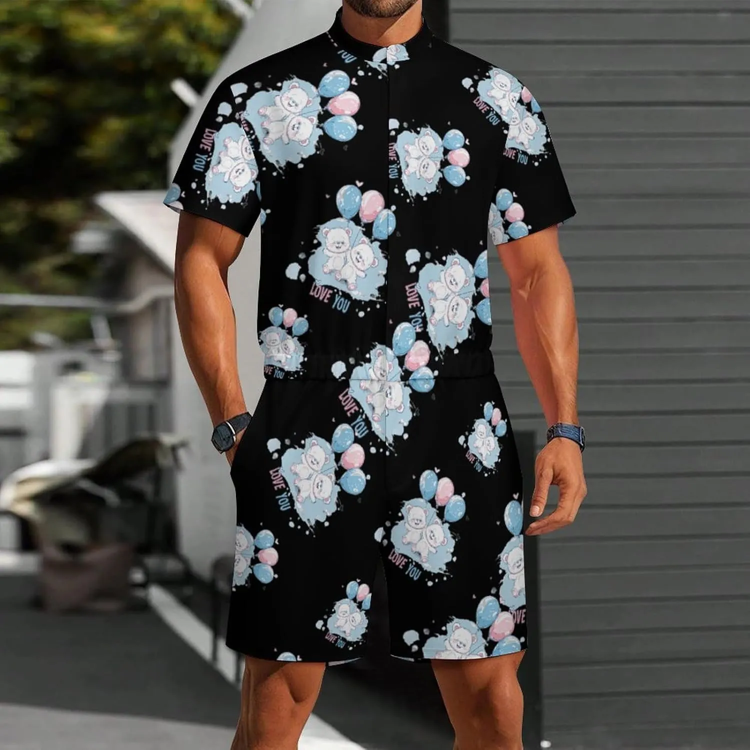 Bears Balloons Loves You Mens Short Sleeve Rompers Printed Slim Fit One Piece Jumpsuit with Pocket