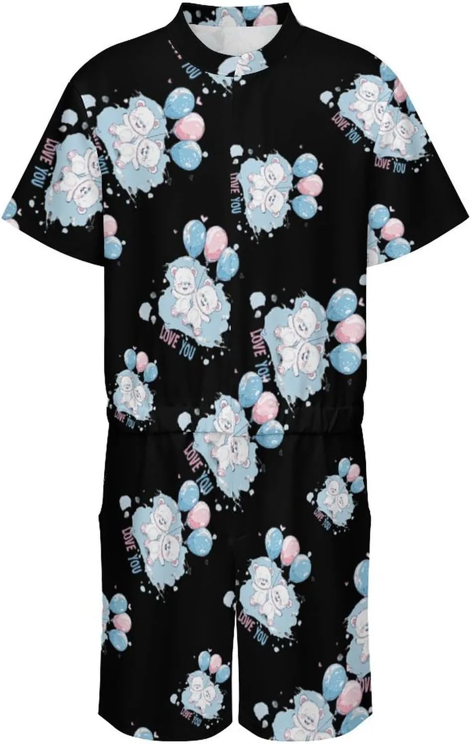 Bears Balloons Loves You Mens Short Sleeve Rompers Printed Slim Fit One Piece Jumpsuit with Pocket