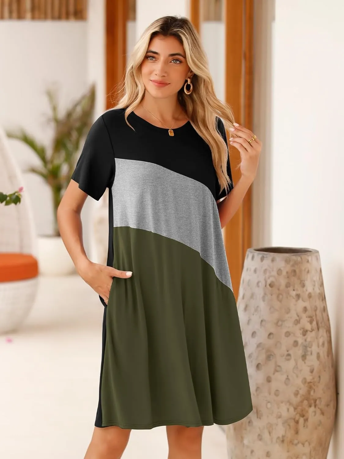 BELAROI Womens Plus Size Summer T Shirt Dresses Casual Swing Short Sleeve Patchwork Tunic Dress with Pockets