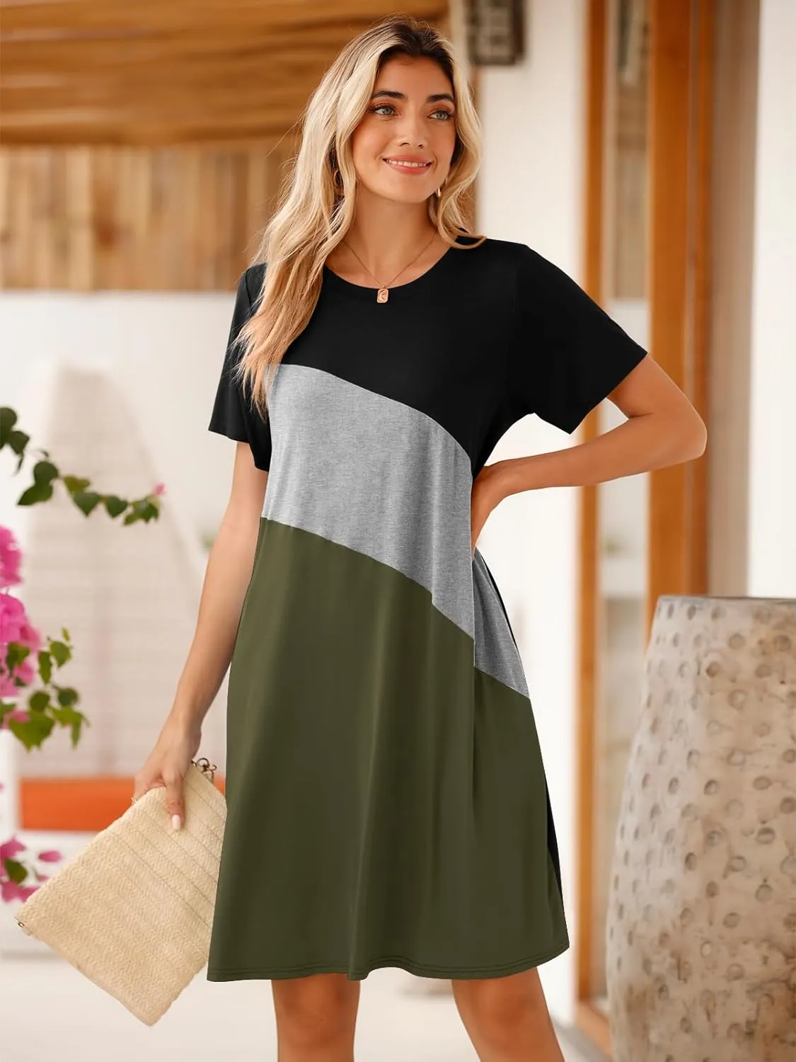BELAROI Womens Plus Size Summer T Shirt Dresses Casual Swing Short Sleeve Patchwork Tunic Dress with Pockets
