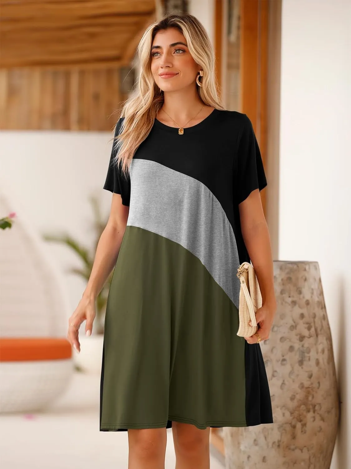 BELAROI Womens Plus Size Summer T Shirt Dresses Casual Swing Short Sleeve Patchwork Tunic Dress with Pockets