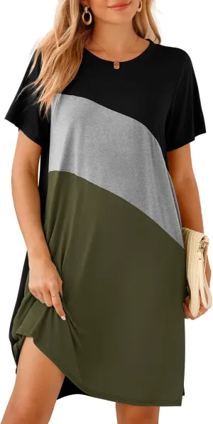 BELAROI Womens Plus Size Summer T Shirt Dresses Casual Swing Short Sleeve Patchwork Tunic Dress with Pockets