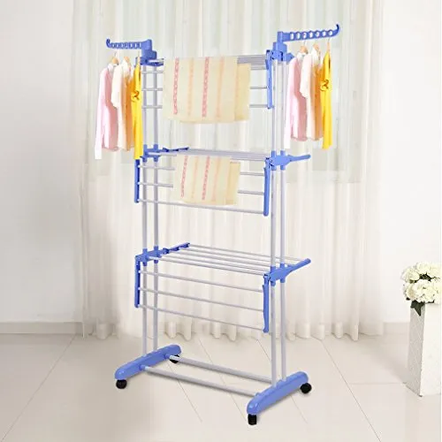 Belovedkai Collapsible 3-Tier Clothes Drying Rack, Folding Garment Hanger Hanging Rods with Casters (Blue)