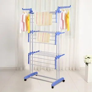 Belovedkai Collapsible 3-Tier Clothes Drying Rack, Folding Garment Hanger Hanging Rods with Casters (Blue)