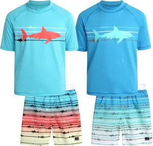 Big Chill Boys Rash Guard Set - 4 Piece UPF50  Sun Protection Quick Dry Short Sleeve Swim Shirt & Swim Trunks Set (Size 4-14)