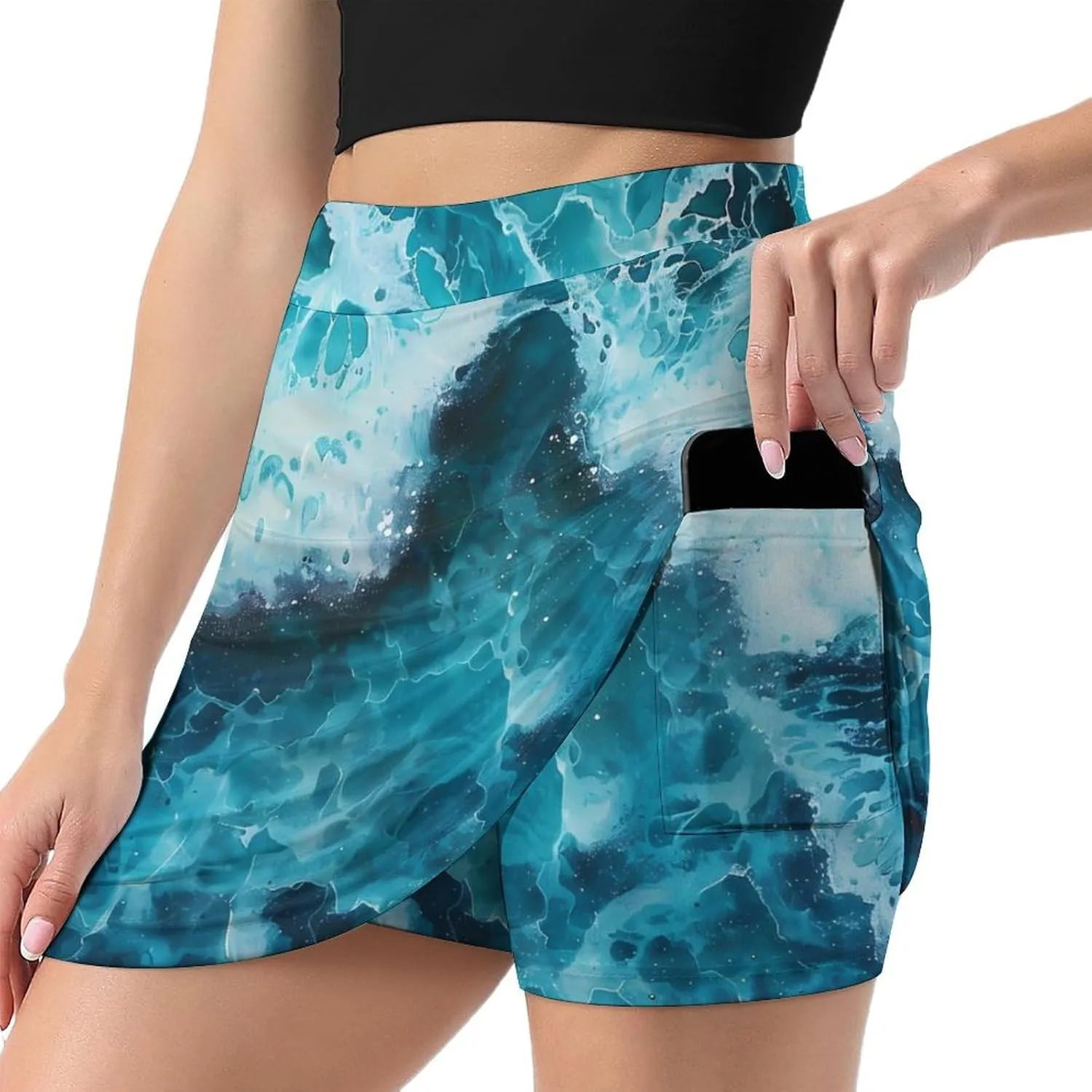 Blue Ocean Waves Women's Skort Athletic Skirt Golf Skorts A-line Skirts with Built-in Shorts Pockets
