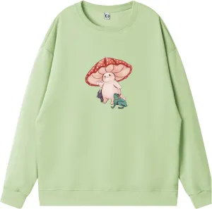 Bobeutou Women Frog Crewneck Sweatshirt Kawaii Mushroom Cute Oversize Pullover Hoodie Teen Girl Aesthetic Cottagecore Clothes